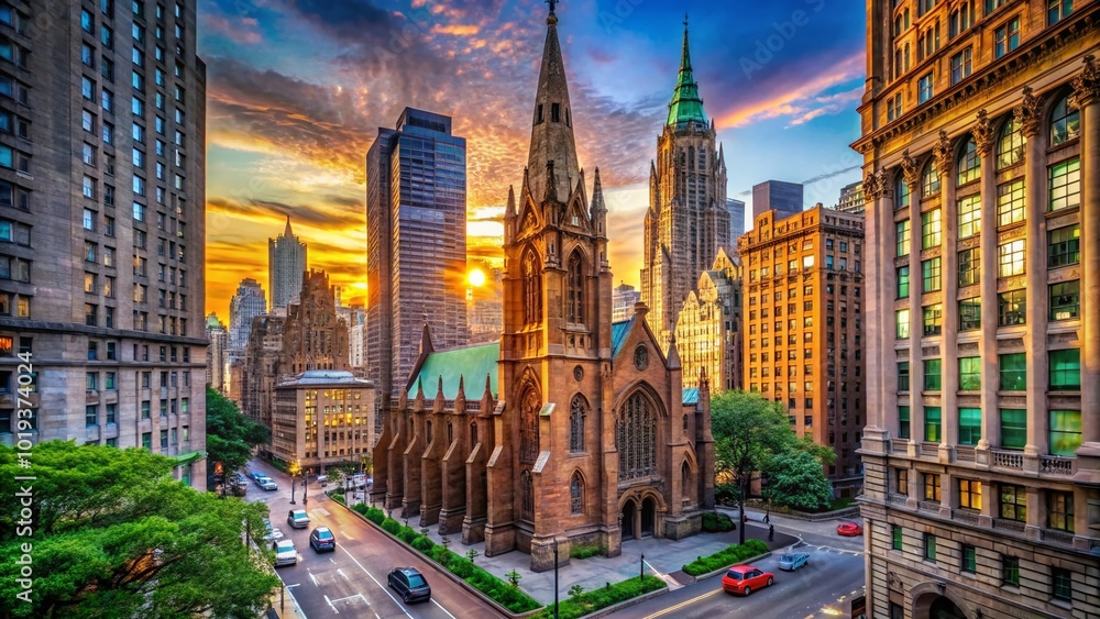 Obraz premium Stunning Architecture of Trinity Church in Broadway, New York City Surrounded by Urban Landscape