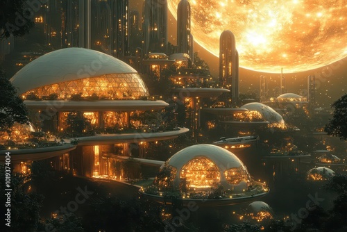 retrofuturistic space colony geodesic domes housing lush gardens sleek shuttles zooming between floating platforms backdrop of alien moons and swirling gas giants
