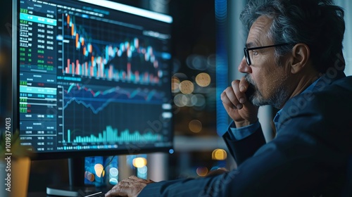 A focused man analyzing financial data on a computer screen at night, surrounded by engaging digital graphs.