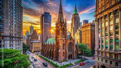 Stunning Architecture of Trinity Church in Broadway, New York City Surrounded by Urban Landscape