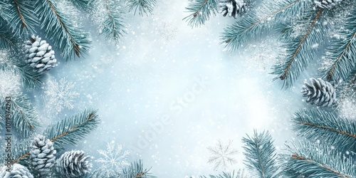 Snowy pine branches with pine cones framing a light blue background with snowflakes.