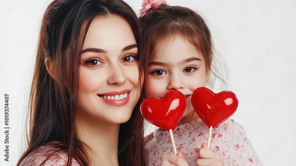 A joyful mother and daughter holding heart-shaped lollipops, celebrating love and togetherness on a white background. A joyful mother and daughter holding heart-shaped lollipops, celebrating love and togetherness on a white background.