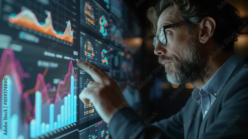 Businessman analyzing data on a digital screen in a modern office environment. Businessman analyzing data on a digital screen in a modern office environment.