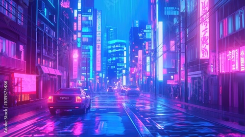 A Wet Neon-Lit City Street with a Car Driving Through the Rain