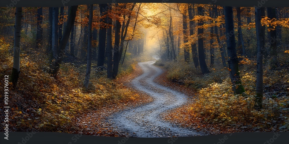 Obraz premium A winding path through an autumnal forest, dappled sunlight filtering through the trees.