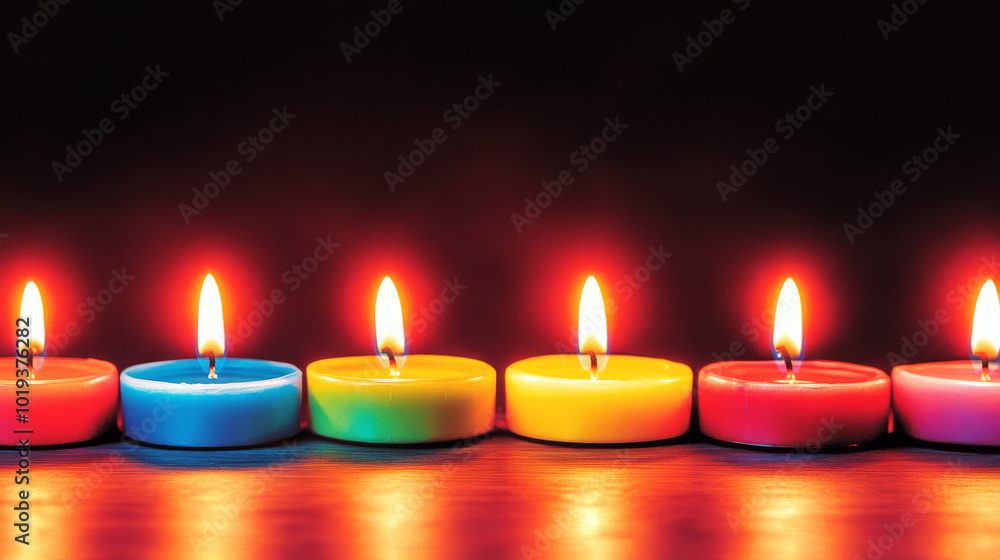 Six colorful candles glow brightly in the dark. Six colorful candles glow brightly in the dark.
