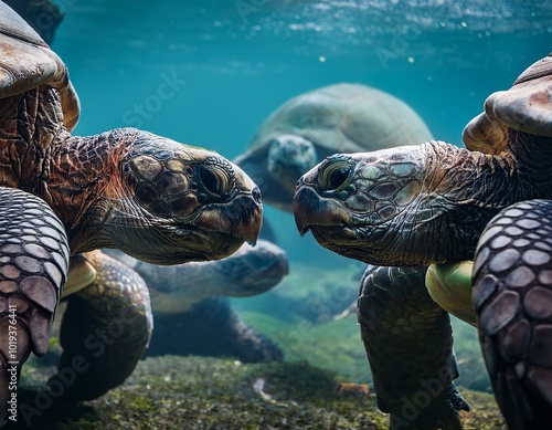 Pair of sea turtles at the bottom of the sea looking face to face. In the background there are more turtles photo