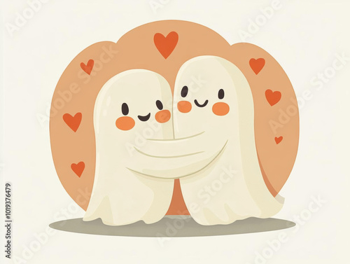 A ghost lover wrapping another ghost in a hug clipart, love and comfort element, flat design, warm tones, isolated on white background