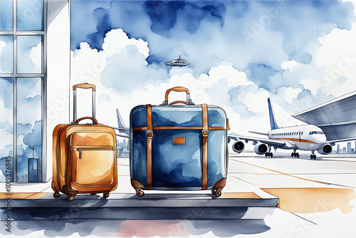 Watercolour Illustration colorful suitcase in international airport station. Travel Scene with Suitcase.Craft a watercolor Travel Bags a vacation holiday climate theme
