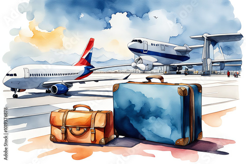 Watercolour Illustration colorful suitcase in international airport station. Travel Scene with Suitcase.Craft a watercolor Travel Bags a vacation holiday climate theme