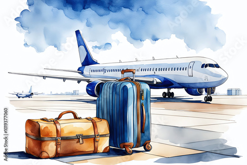 Watercolour Illustration colorful suitcase in international airport station. Travel Scene with Suitcase.Craft a watercolor Travel Bags a vacation holiday climate theme