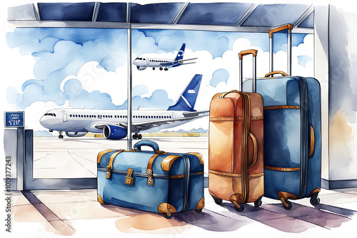 Watercolour Illustration colorful suitcase in international airport station. Travel Scene with Suitcase.Craft a watercolor Travel Bags a vacation holiday climate theme