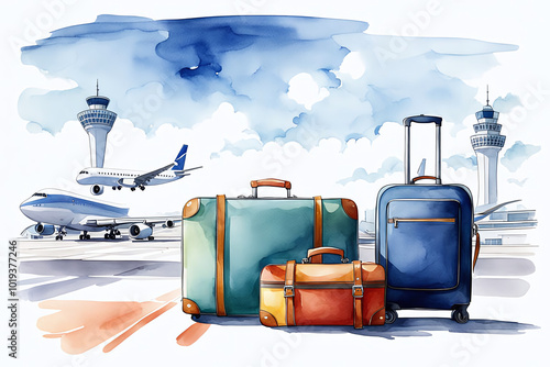 Watercolour Illustration colorful suitcase in international airport station. Travel Scene with Suitcase.Craft a watercolor Travel Bags a vacation holiday climate theme