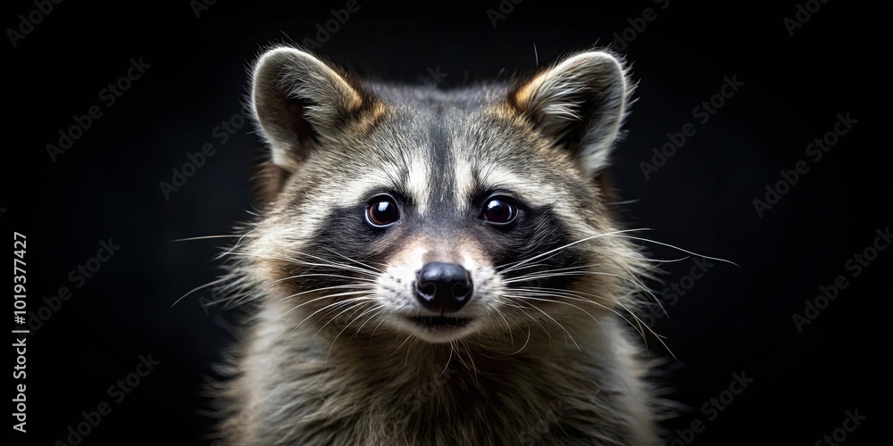 Obraz premium A Curious Raccoon with Bright Eyes and Whiskers Gazing Directly at the Camera, a Portrait of Nocturnal Serenity