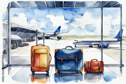 Watercolour Illustration colorful suitcase in international airport station. Travel Scene with Suitcase.Craft a watercolor Travel Bags a vacation holiday climate theme