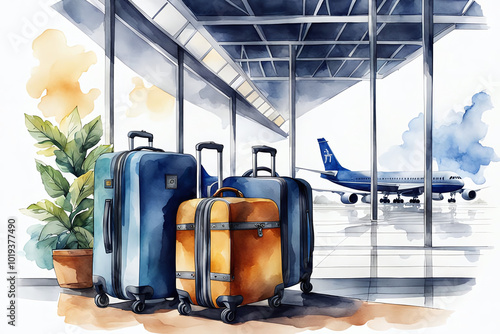 Watercolour Illustration colorful suitcase in international airport station. Travel Scene with Suitcase.Craft a watercolor Travel Bags a vacation holiday climate theme
