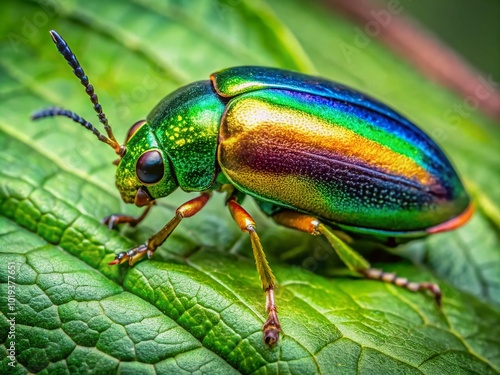 Wallpaper Mural Stunning Close-Up of a Golden Buprestid Beetle on Green Leaf in Natural Habitat Under Soft Light Torontodigital.ca