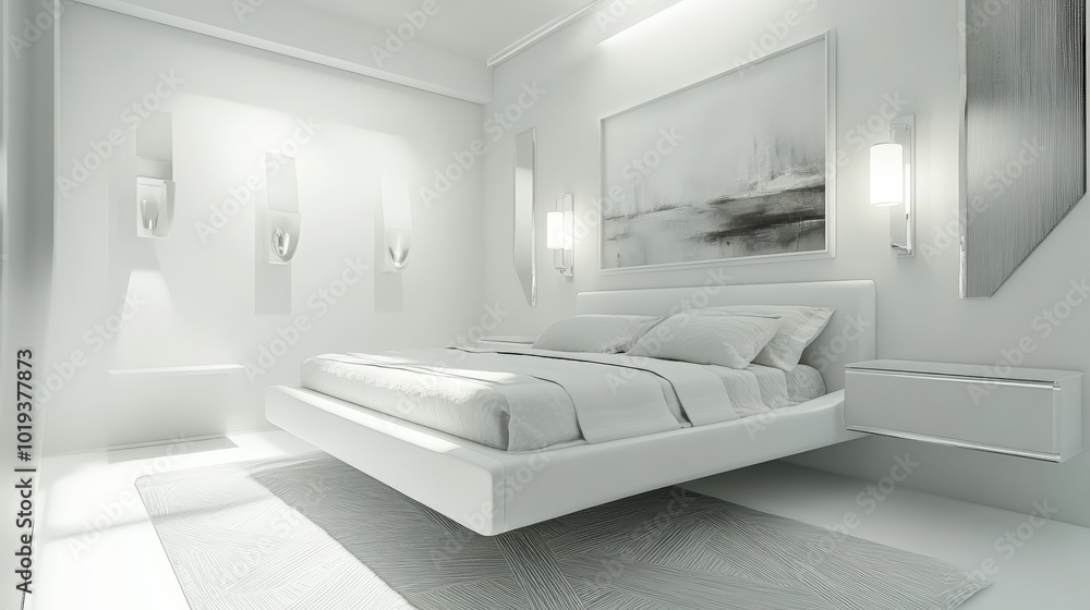 A white bedroom with a floating bed. A white bedroom with a floating bed.
