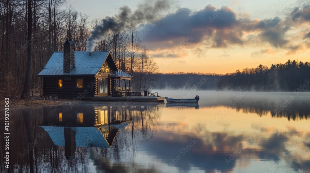 Fototapeta premium Cabin on lake with reflection and boat at sunset.