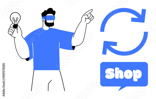 Shop concept. A person holds a light bulb while wearing VR goggles and pointing. Next to person are two arrows and a shop sign. Ideal for online shopping, technology, innovation, user experience