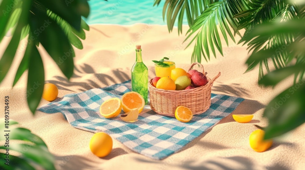 Beach picnic with fruit, drinks, and blanket. Beach picnic with fruit, drinks, and blanket.