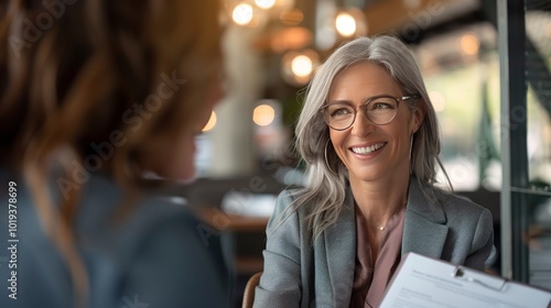 Fototapeta Naklejka Na Ścianę i Meble -  Smiling mature business woman hr holding cv document at job interview. Happy mid aged professional banking manager or lawyer consulting client sitting at workplace in corporate office meeting.