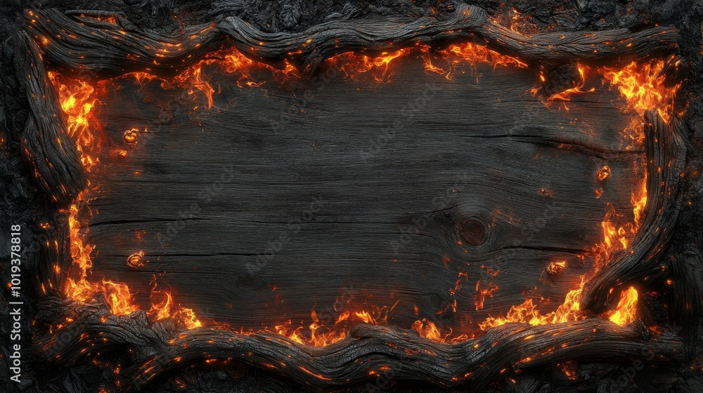 Black Wooden Plank Frame Surrounded by Fire Black Wooden Plank Frame Surrounded by Fire