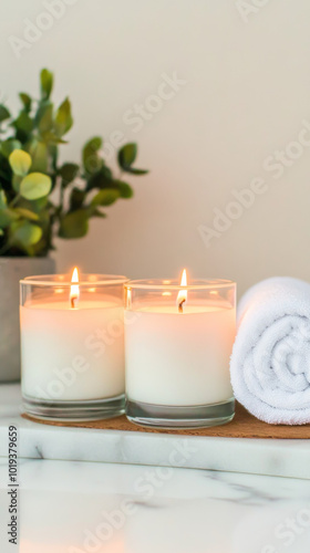 Two burning candles and a white towel on a marble surface.