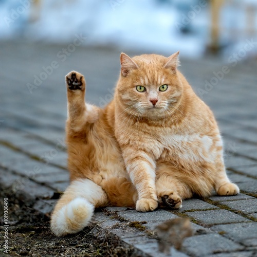 Close up of big cute fluffy fat street male red tabby cat sitting on tiles in funny pose like a voting person with upturned hind paw