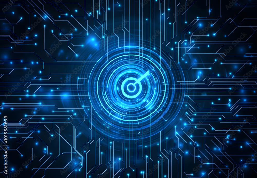 Abstract blue digital technology background design with laser target vector illustration design. High-tech network and cyber security concept on a black background design Abstract blue digital technology background design with laser target vector illustration design. High-tech network and cyber security concept on a black background design