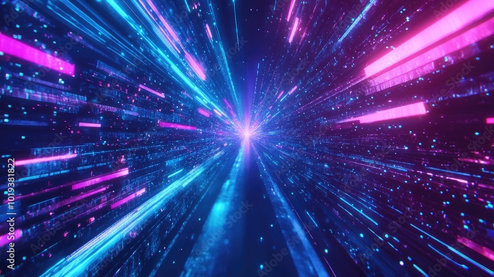 Fototapeta premium Abstract Neon Lights Tunnel With Digital Data Streaming