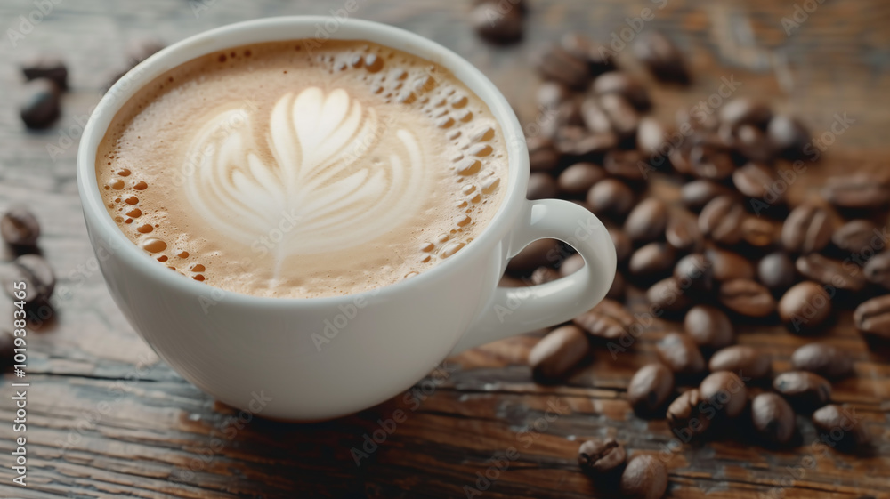 Latte Art Coffee with Coffee Beans on Wooden Table Latte Art Coffee with Coffee Beans on Wooden Table