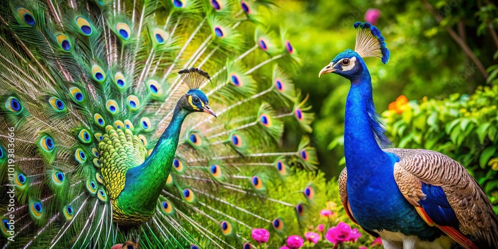 Obraz premium Stunning Display of a Peacock and Peahen Amidst Lush Greenery in a Natural Habitat Setting