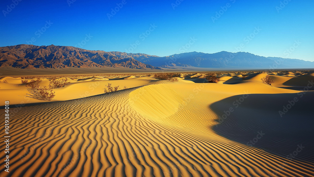 Golden Sand Dunes and Distant Mountains Under a Clear Blue Sky Golden Sand Dunes and Distant Mountains Under a Clear Blue Sky