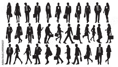 silhouettes of men and a women, a group of standing and walking silhouette vector illustration black and white art