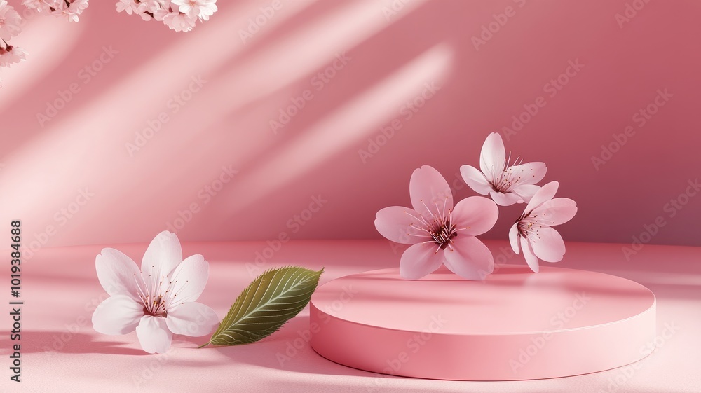 Pink Floral Display with Circular Stand and Leaf Pink Floral Display with Circular Stand and Leaf