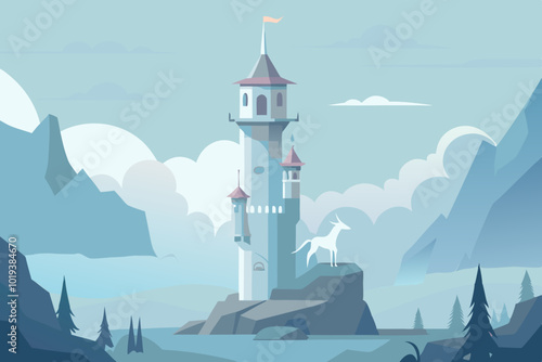  cute Fantasy tower with a unicorn foggy scenery vector art illustration