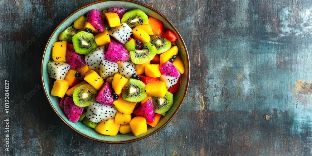 Exotic Fruit Salad Featuring Mango, Kiwi, and Dragon Fruit in a Colorful Bowl on a Rustic Table Exotic Fruit Salad Featuring Mango, Kiwi, and Dragon Fruit in a Colorful Bowl on a Rustic Table