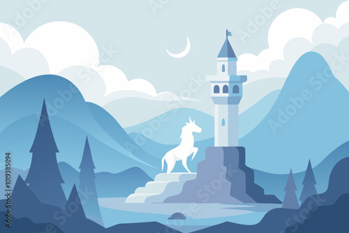  cute Fantasy tower with a unicorn foggy scenery vector art illustration
