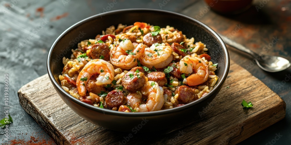Hearty Jambalaya with Shrimp, Sausage, and Rice Served in a Bowl on a Rustic Table Hearty Jambalaya with Shrimp, Sausage, and Rice Served in a Bowl on a Rustic Table