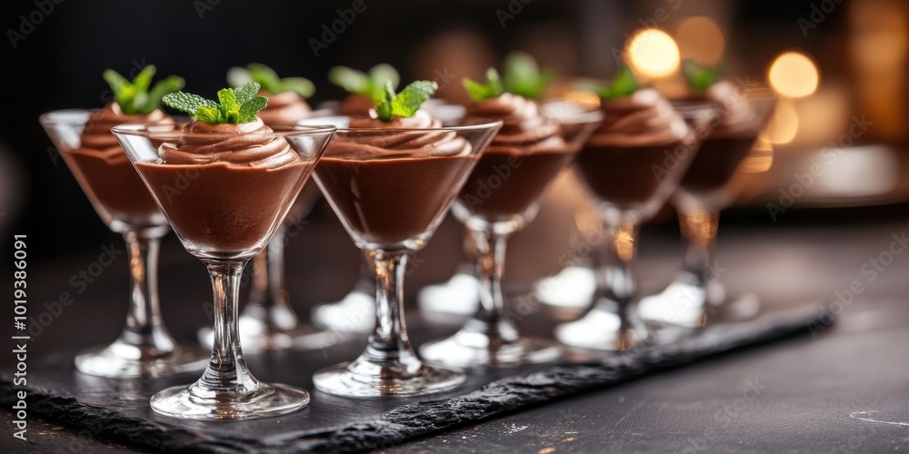 Rich Chocolate Mousse Served in Elegant Glasses with Fresh Mint on Top on a Dessert Table Rich Chocolate Mousse Served in Elegant Glasses with Fresh Mint on Top on a Dessert Table