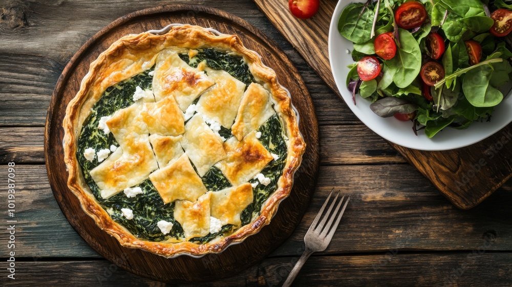 Spinach Feta Pie Served with a Side Salad on a Rustic Wooden Table Spinach Feta Pie Served with a Side Salad on a Rustic Wooden Table