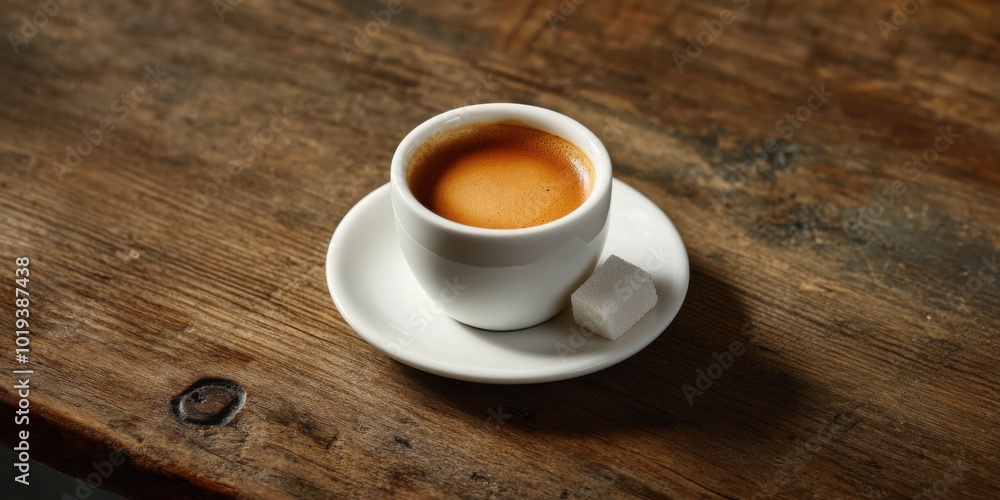 Shot of Italian Espresso Served in a Small Cup with a Sugar Cube on the Side on a Wooden Table Shot of Italian Espresso Served in a Small Cup with a Sugar Cube on the Side on a Wooden Table