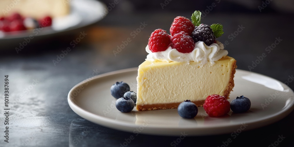 Slice of Decadent Cheesecake Topped with Berries and Whipped Cream on a Dessert Plate Slice of Decadent Cheesecake Topped with Berries and Whipped Cream on a Dessert Plate