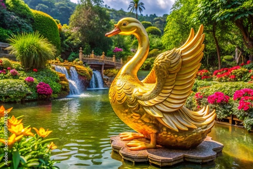 Stunning Golden Goose Statue Surrounded by Nature, Symbolizing Wealth, Prosperity, and Abundance