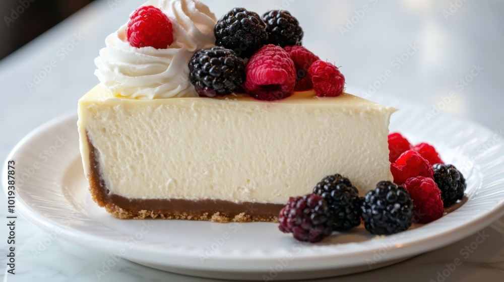 Slice of Decadent Cheesecake Topped with Berries and Whipped Cream on a Dessert Plate Slice of Decadent Cheesecake Topped with Berries and Whipped Cream on a Dessert Plate
