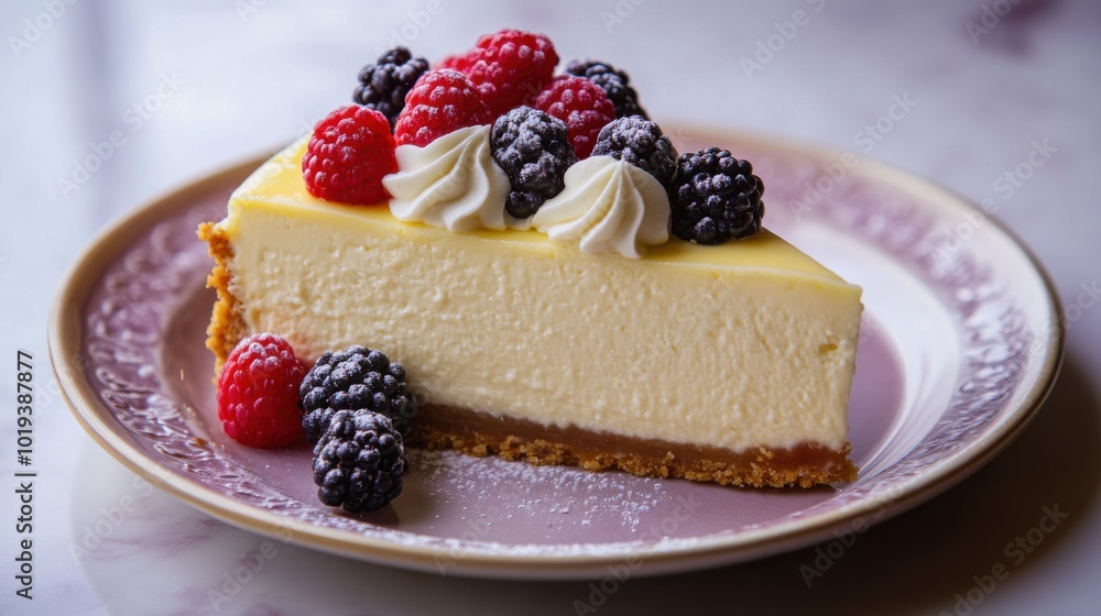 Slice of Decadent Cheesecake Topped with Berries and Whipped Cream on a Dessert Plate Slice of Decadent Cheesecake Topped with Berries and Whipped Cream on a Dessert Plate