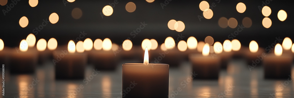A single candle glows brightly in the center, surrounded by a field of soft, blurry candlelight. A single candle glows brightly in the center, surrounded by a field of soft, blurry candlelight.