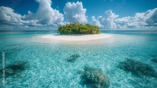 Tropical Island with Lush Green Vegetation Surrounded by Clear Turquoise Water