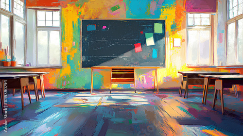 Wallpaper Mural An abstract painting depicting a classroom with a chalkboard, desks, and windows, rendered with vibrant colors and brushstrokes. Torontodigital.ca
